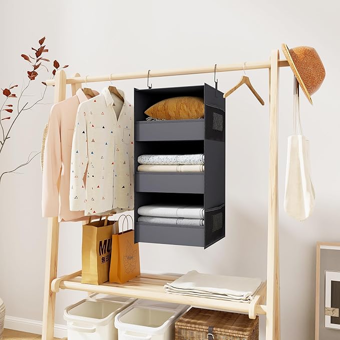 3-Shelf Hanging Closet Organizer and Storage, Foldable Hanging Closet Shelves