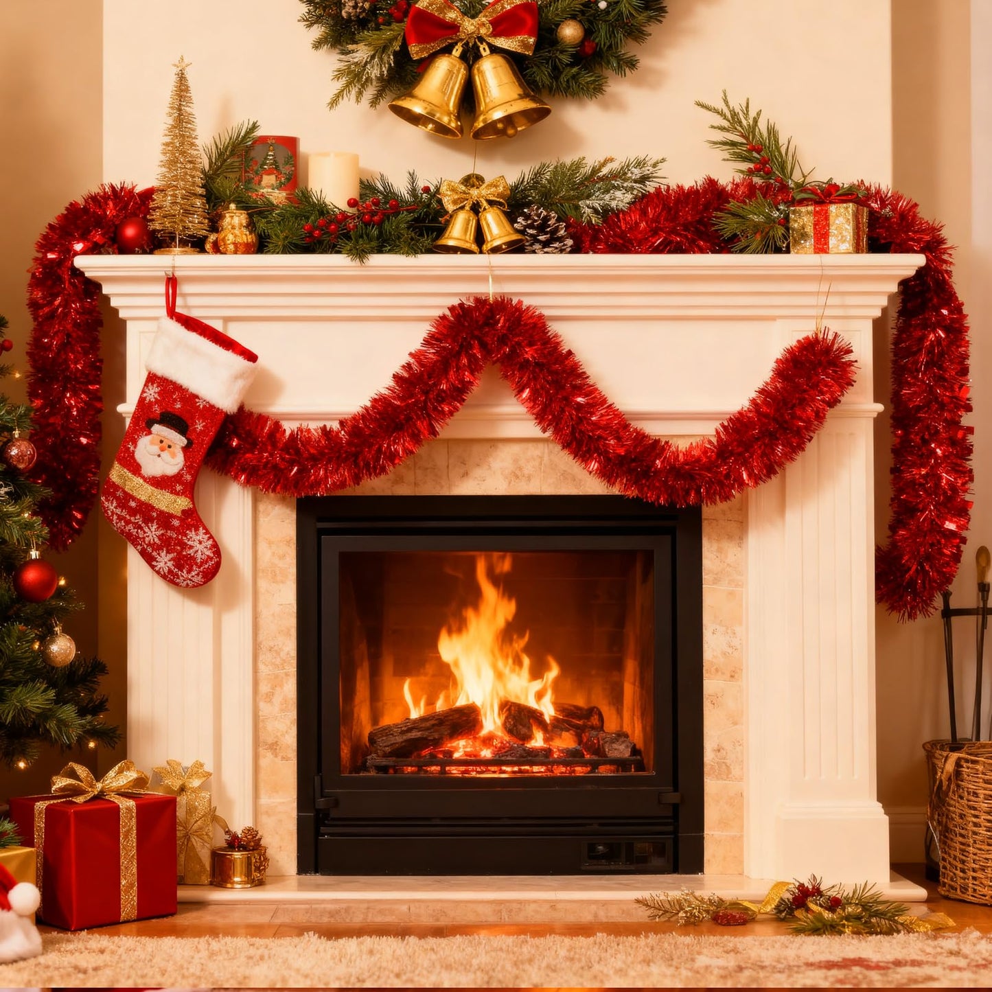 50Ft Red Christmas Garland Decorations,Xams Tinsel Stems Non-Lit Soft Twist Garland Decor for Tree Stairs Railing Front Door Mantle Fireplace Indoor Outdoor Holiday Home