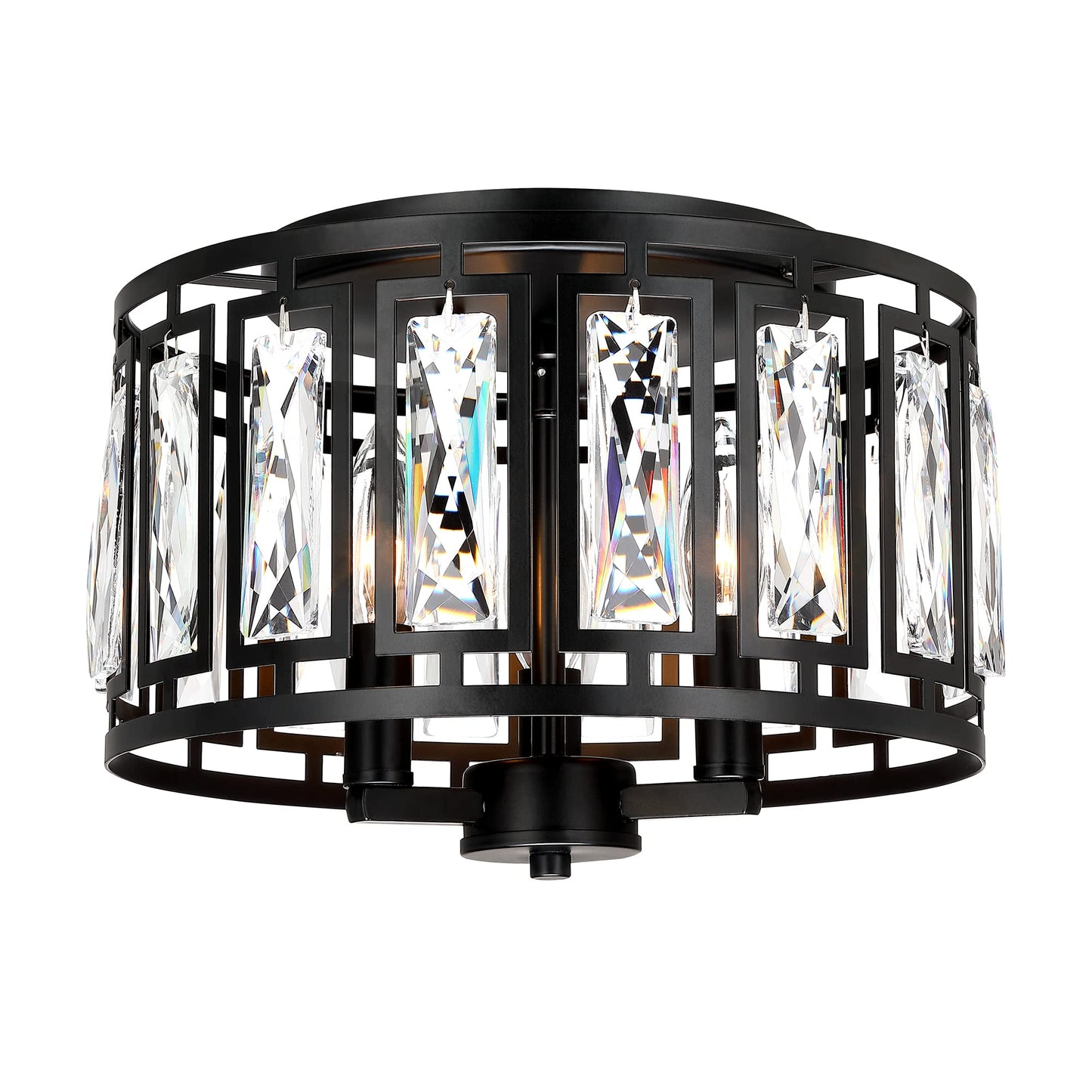 Giiland Crystal Ceiling Light Flush Mount for Bedroom, Kitchen Island Crystal Drum Shade Lighting Fixture, 3-Light Black Ceiling Lamp for Dining Room