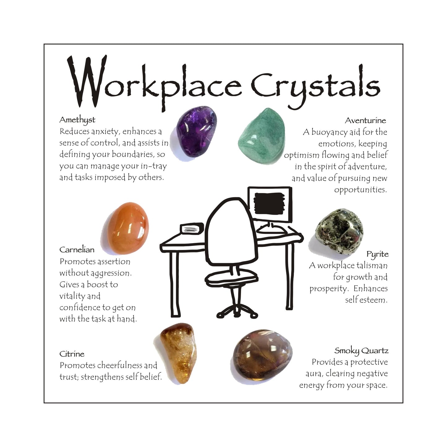 Workplace Crystals Set - 6PC Healing Protection Stones for Office Desk, Focus, Positive Energy, Stress Relief, Metaphysical Gifts for Friend Coworker Family, New Job Decor
