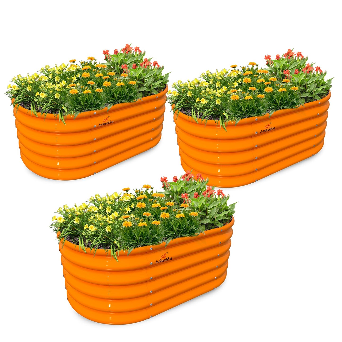 A ANLEOLIFE Kids Mini Raised Garden Beds Outdoor (3-Pack)-40x24x18in Oval Round Galvanized Metal Planter Box for Planting Vegetables, Flowers, Fruits, Eco-Safe & Easy Setup, Peach Orange