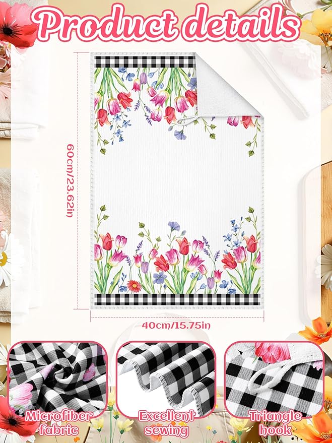 Bencailor 4 Pcs Spring Tulip Kitchen Towels Floral Flower Hand Dish Towels Pink