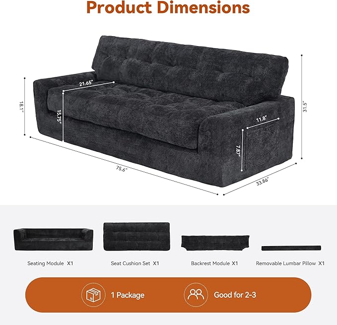 MONVANE 75.6" Convertible 3 Seater Sofa, 2-in-1 Boneless Sleeper Sofa Bed