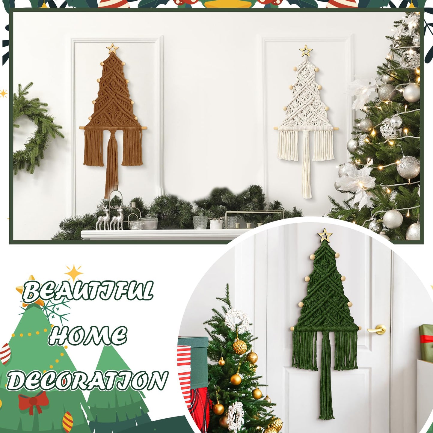 HunnmingRe 3 Pcs Large Macrame Christmas Tree Macrame Christmas Wall Decoration Hanging Ornaments Boho Wall Decor for Party Supplies (Beige,Brown and Army Green)