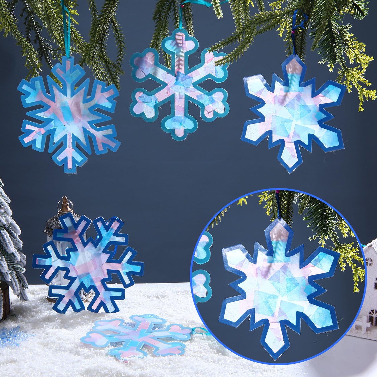 Motipuns 32 Pcs Winter Snowflake Suncatcher Ornament Craft Kit with Blue Ribbon, Christmas Window Art Decoration DIY Ornament Set for Adults Winter Activity