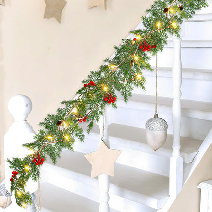 Spiareal 1 Pcs 9 ft Christmas Garland with Light Christmas Lighted Pine Garland Prelit Battery Operated Cedar Pine Cone Red Berry Greenery for Mantle Fireplace Decor