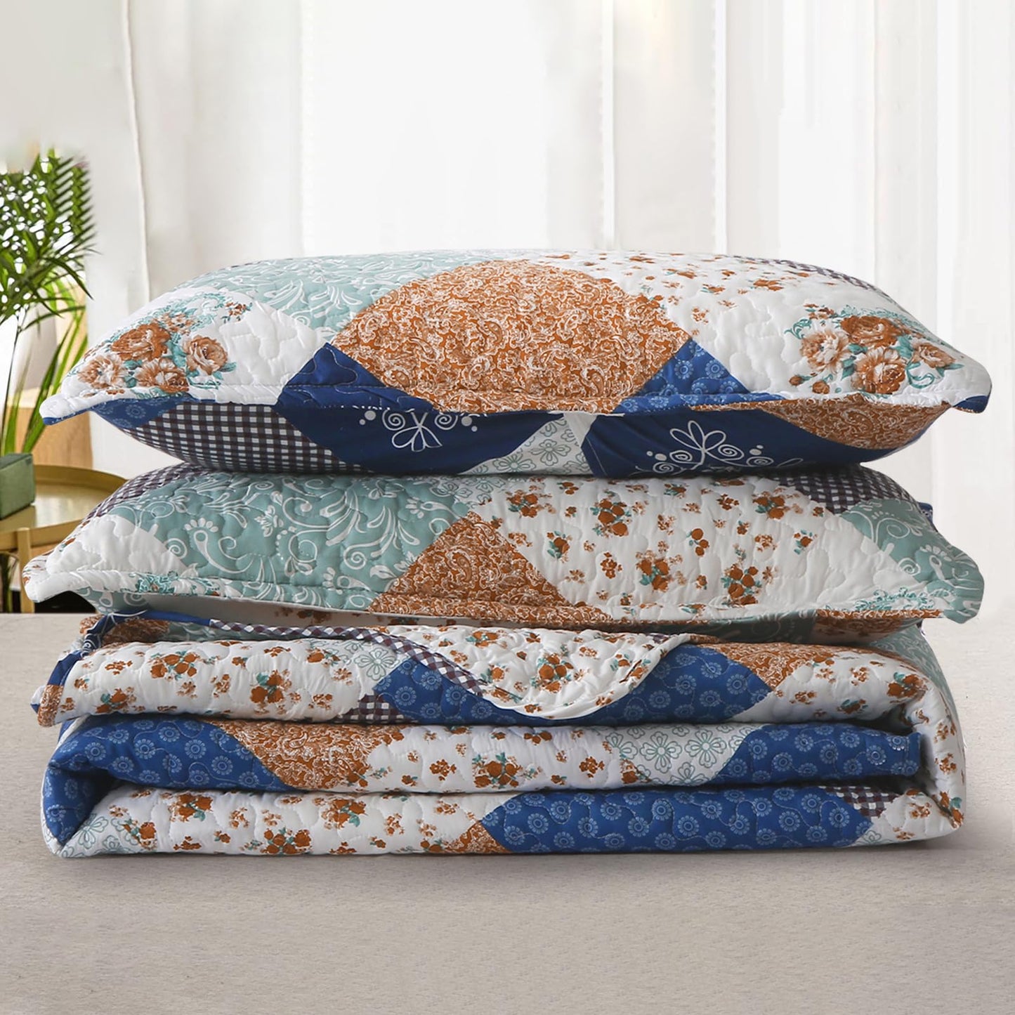 Dinjoy Reversible Patchwork Quilt Bedding Set King Size Blue Green Grey Plaid Floral Pattern Bedspread Set Soft Microfiber Coverlets Bed Set 3 Pieces Fall Autumn All Season Use