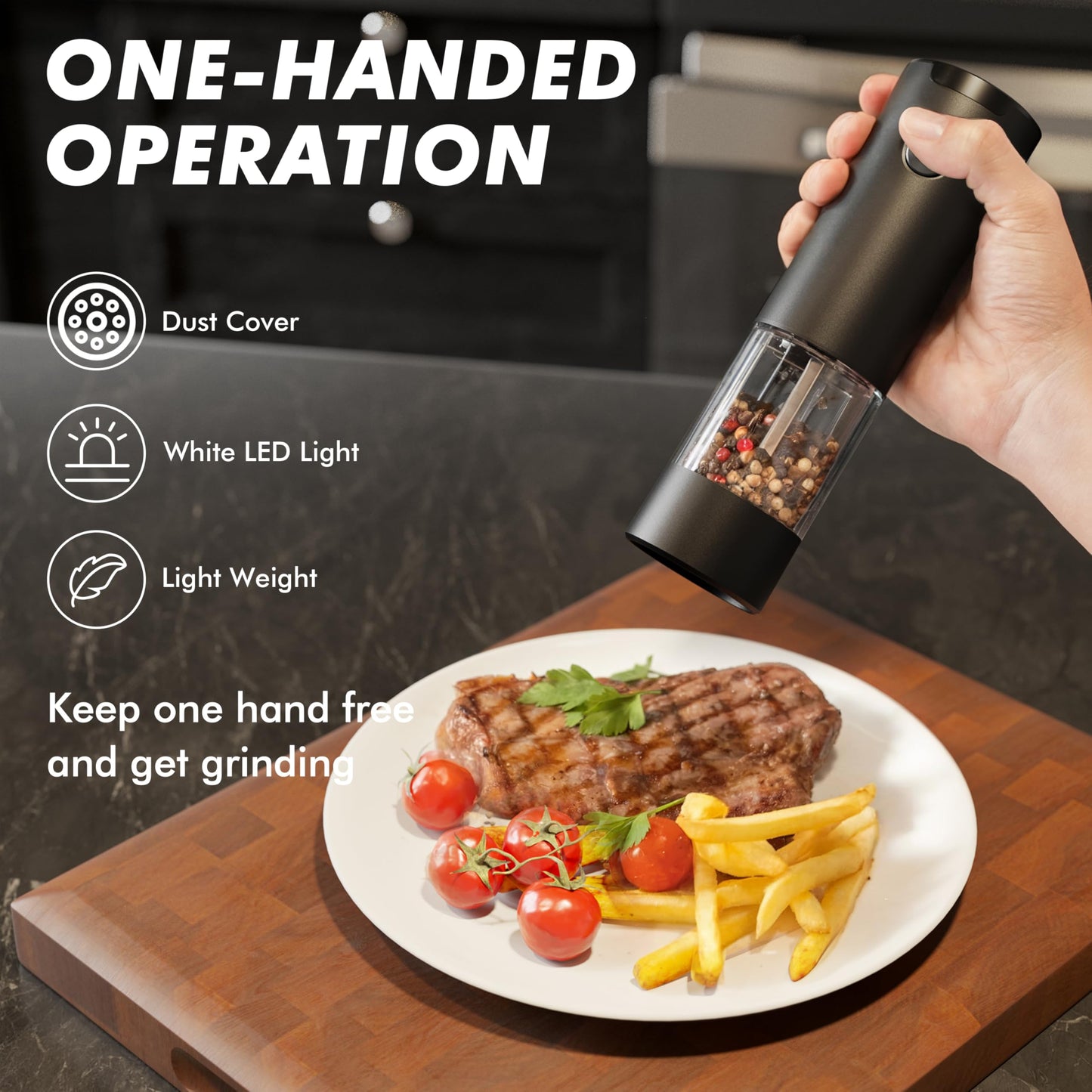 Electric Salt and Pepper Grinder Set, USB Rechargeable Automatic Pepper Mills and Salt Grinders with LED Light, Large 100ml Capacity, Adjustable Coarseness, One-Hand Operation, Stable Base