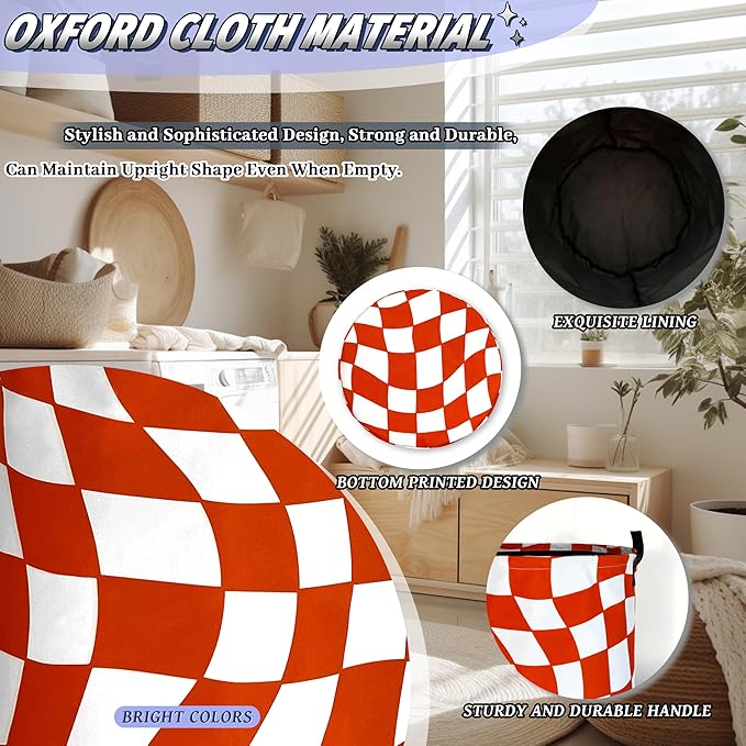 Orange Checkerboard Laundry Hamper Foldable Oxford Cloth Colorful Plaid Laundry