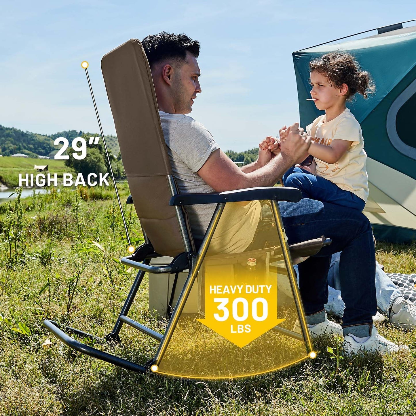 TIMBER RIDGE Foldable Padded Rocking Chair for Outdoor, High Back and Heavy Duty, Portable for Camping, Patio, Lawn, Garden, Yard or Balcony, Supports 300lbs (Brown)