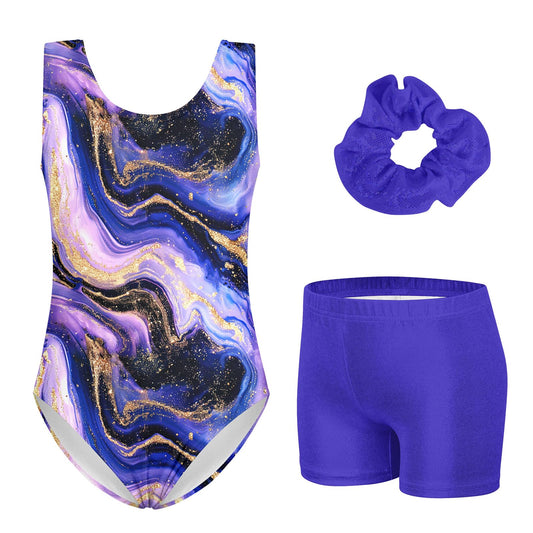 TUONROAD Kids 3 Piece Gymnastics Leotards Size 4 Little Girls' 3d Printed Blue Marble Fairy Athletic Biketards with Cover-up Short Size 5 Children Quick Dry Cute Shiny Diamond Gym Unitards,4 5 Years