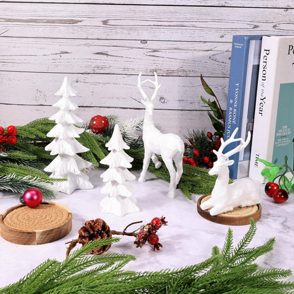 2 Pcs Christmas Tree Figurines and 2 Pcs Christmas Reindeer Figurines, White Tabletop Christmas Decorations Resin Christmas Tree and Elk Statues for Table Centerpieces Desk Shelf Fireplace Decor