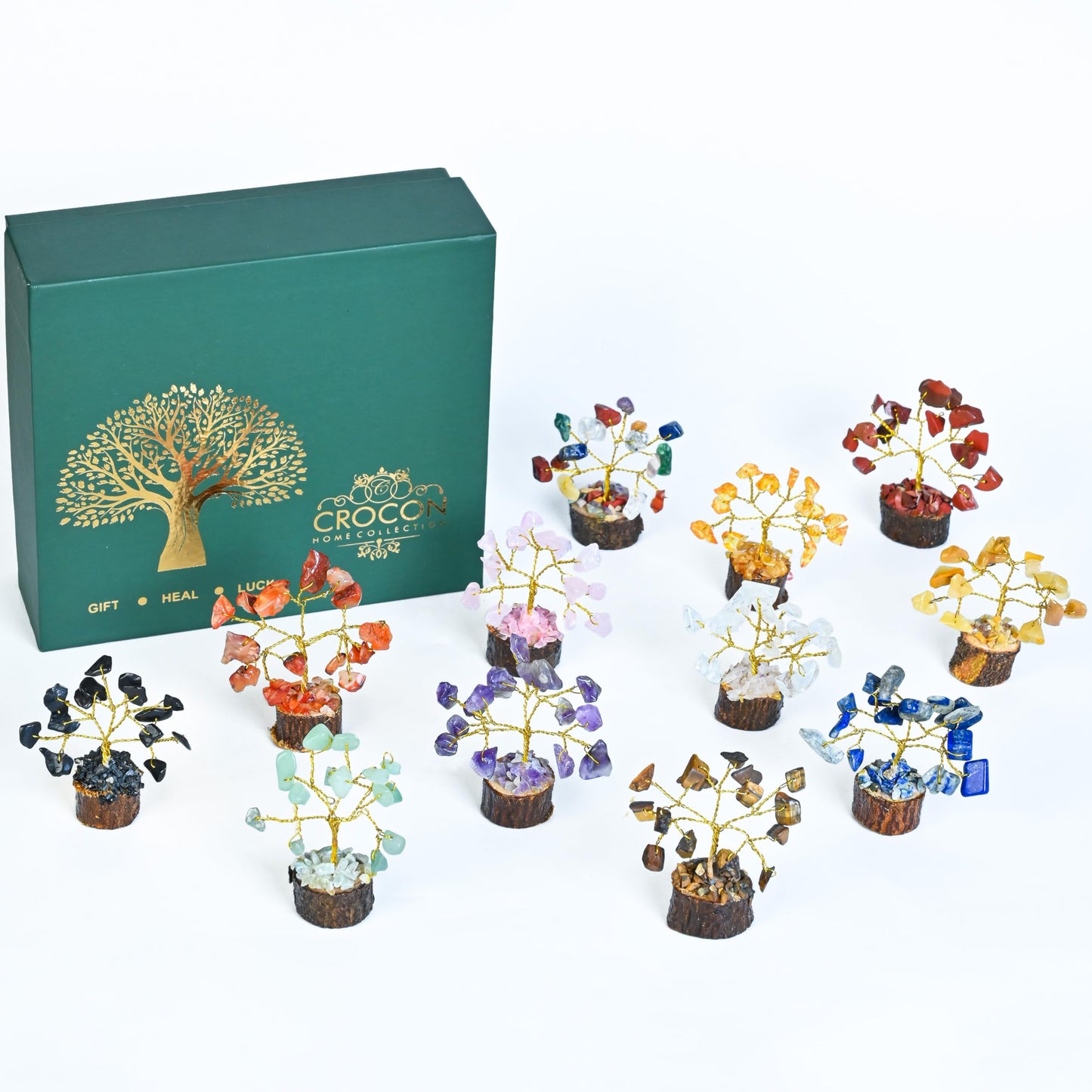 Crocon® Set of 12 Crystals Mini Stone Tree of Life Birthday Gifts for Women, Home & Office Decor, Money Tree Healing Crystals Gift Set Mom & Father Gift Ideas Housewarming Gifts New Home Sister & Dad