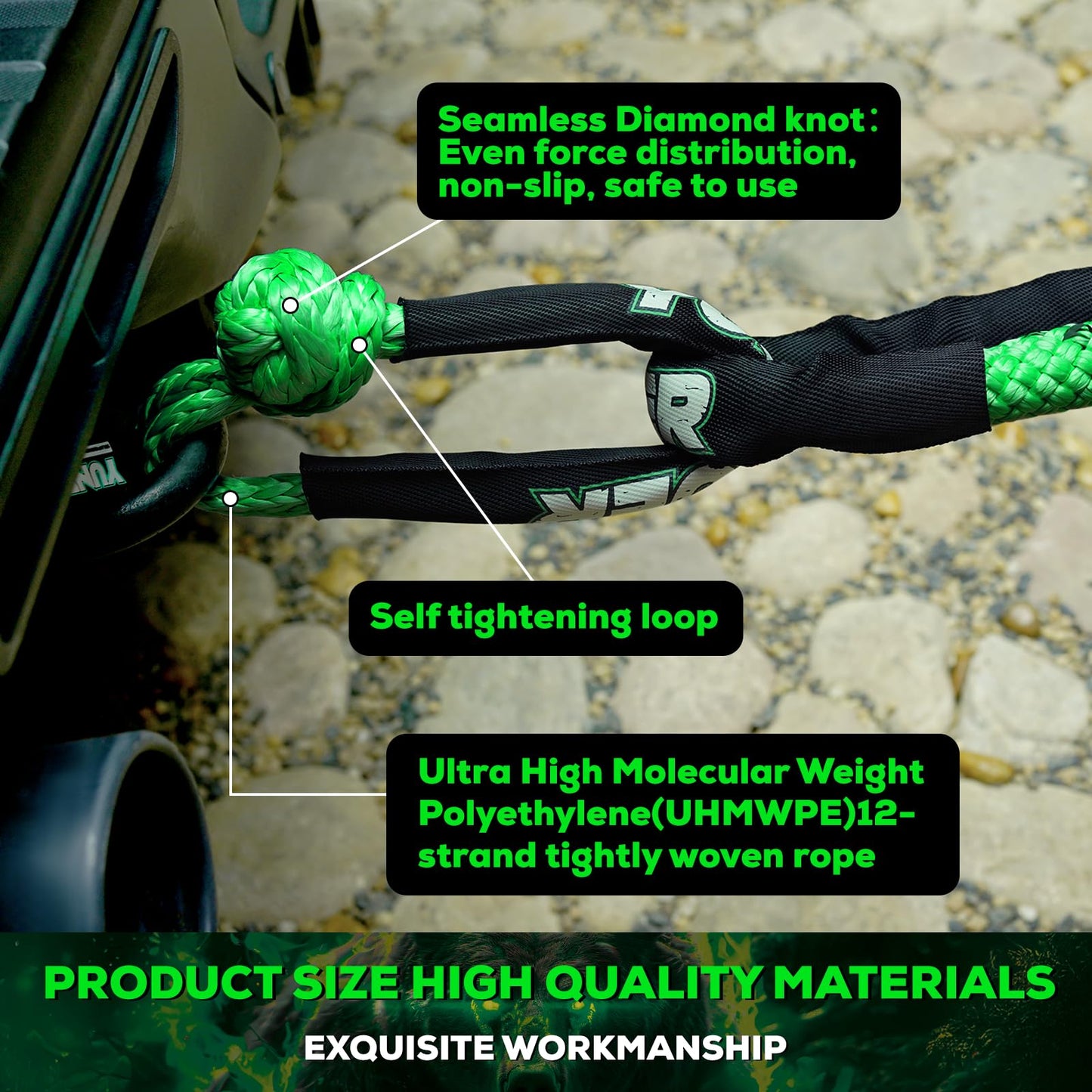 YUNFUER Heavy-Duty Kinetic Recovery Rope Kit – 48,600lbs, 1in x 30ft – Includes 2 Ultra-Strong UHMWPE Soft Shackles – 35%+ Elasticity for Off-Road Recovery, Towing & Emergency Use (Reflective)