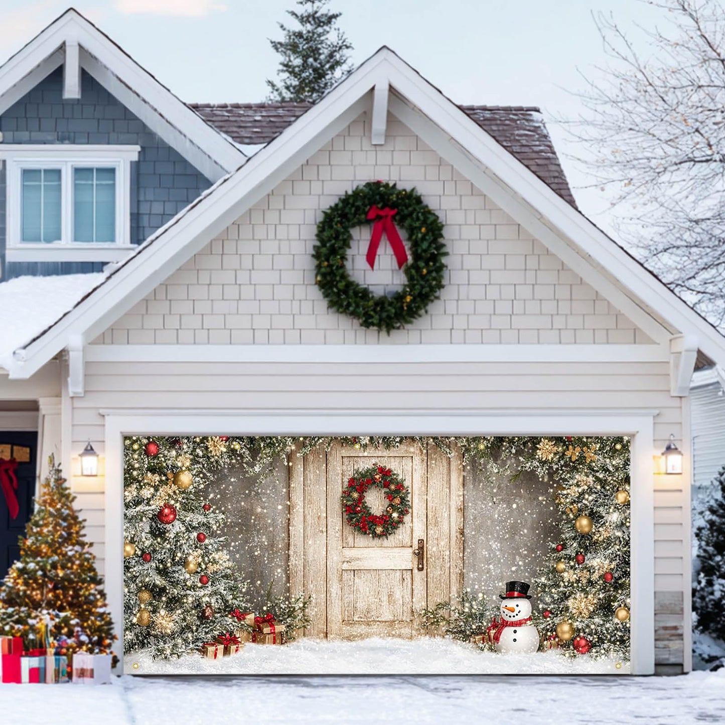 HOMETITUTE Christmas Garage Entryway Banner 13x6ft Gray Wall with Wooden Entryway Decoration Featuring Xmas Trees Snowman Gift BoxesSnowflakes and Lights for Outdoor Holiday Backdrop
