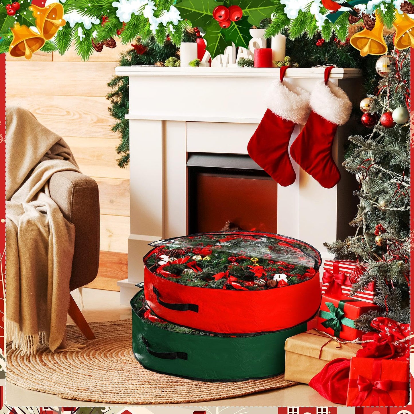 Aliceset 4 Pack Wreath Storage Containers, Ornament Garland Wreath Storage Bags with Handle Zipper Decorative Storages Box for Christmas in July Wreaths(24 x 24 x 7.8 Inch,Red, Green)
