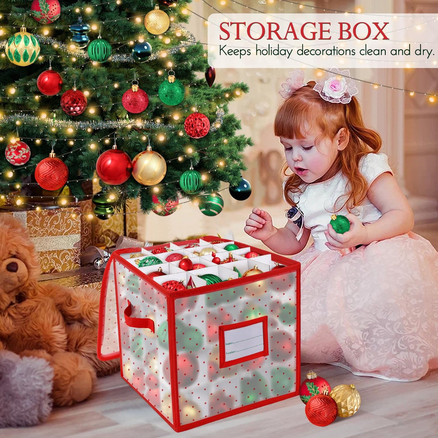 BINSUNS Christmas Ornament Storage Box, Christmas Storage Containers Organizer Bag with Dividers - Fits up to 64 Holiday Xmas Ornaments Decorations 3" Seasons Balls(Red)