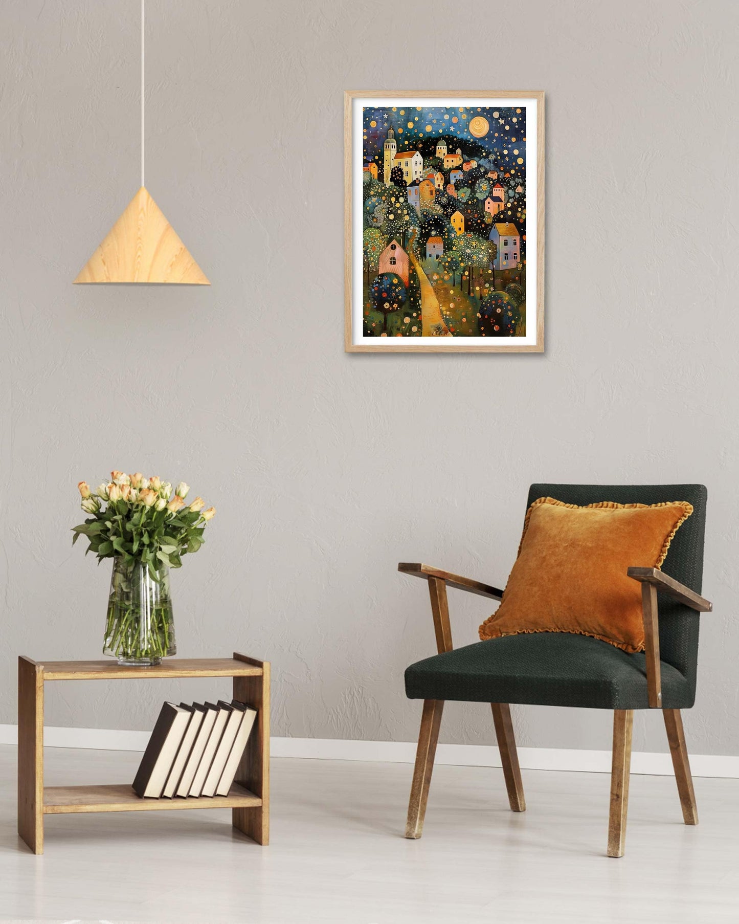 HesenDot Gustav Klimt Moon Stars Natural OAK Wood Framed Wall Art,12x16in