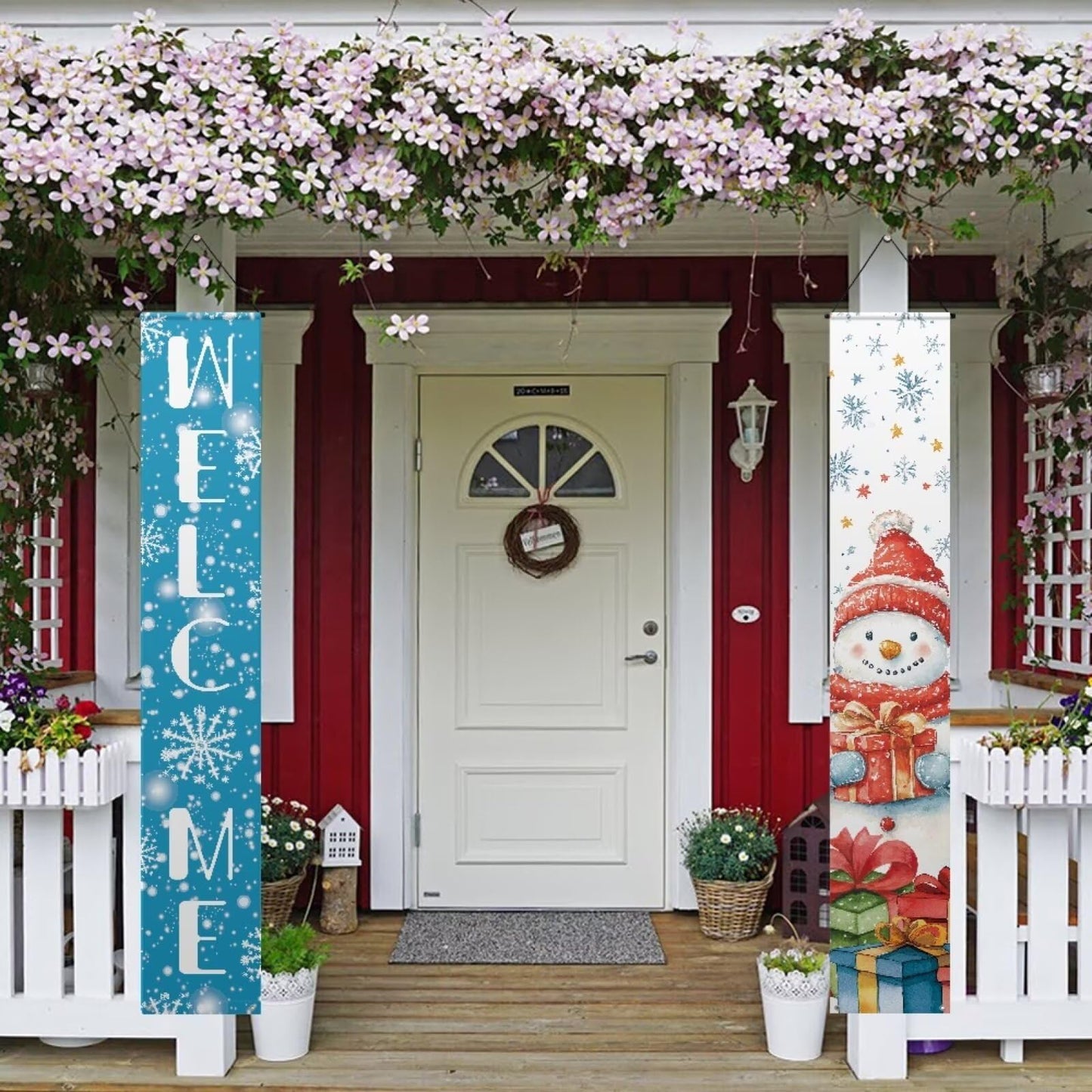 Binienty Welcome Hanging Banner Merry Christmas Porch Banner Sign for Front Door Garden Snowman Xmas Porch Banner Flag Party Supplies