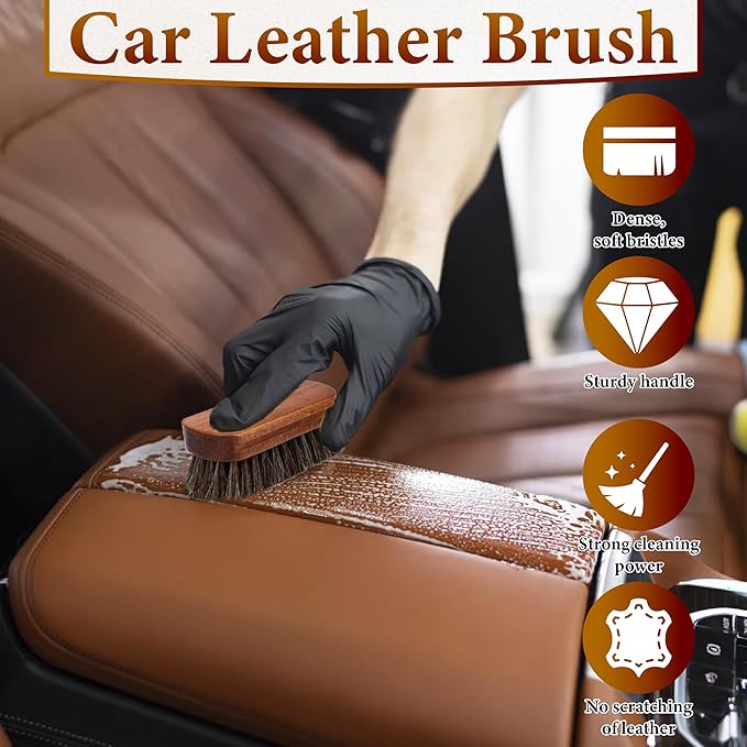 2 PCS Leather Brush Car Detailing, Horse Hair Brush, Car Cleaning Supplies