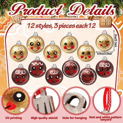 Wonderjune 36 Pcs Christmas Gingerbread Face Ornaments Wooden Gingerbread Tree Decoration Glitter Red Gold Christmas Hanging Ornaments Smile Wood Hanging Pendants for Xmas Tree Party Holiday Decor