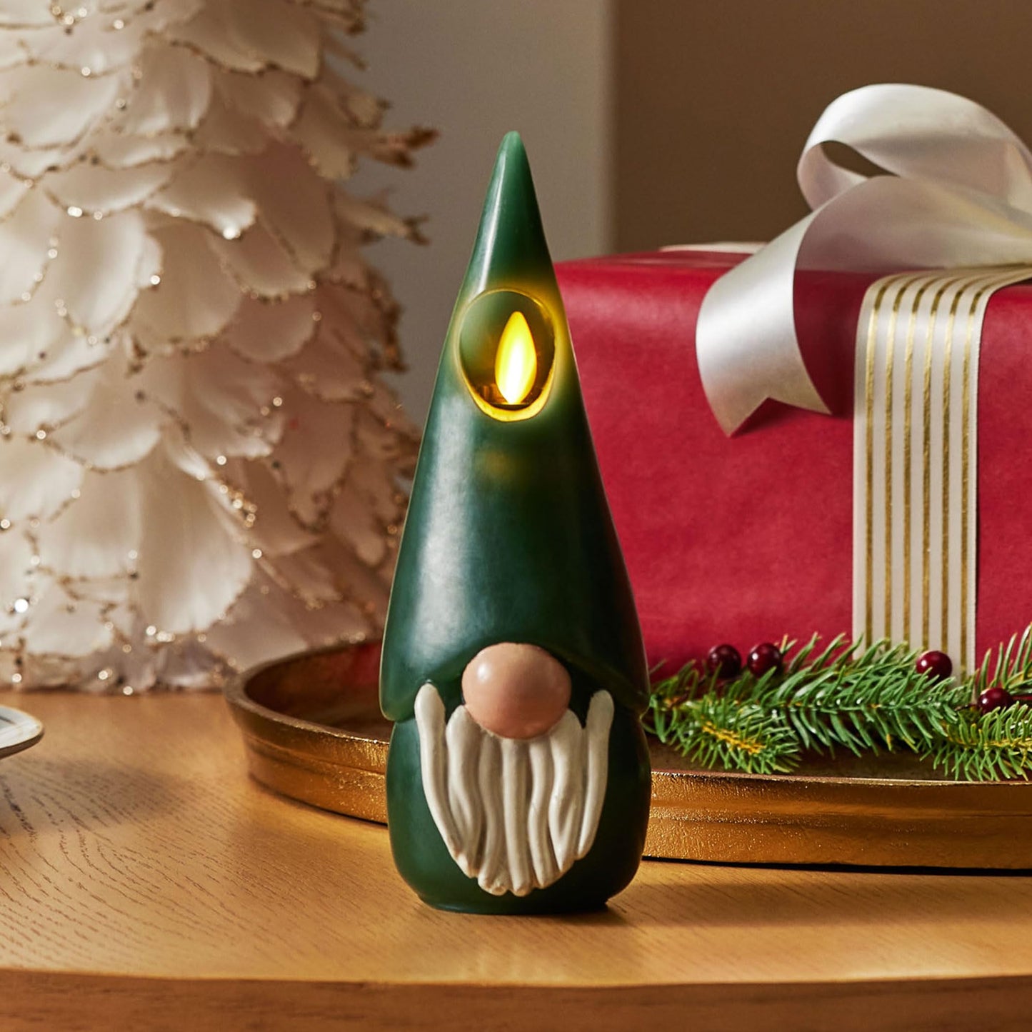 Luminara Gnome Figural Flameless LED Candle - Green 2.8" x 8" - Battery Operated Christmas Winter Decoration Real Wax Unscented Home Decor Indoor