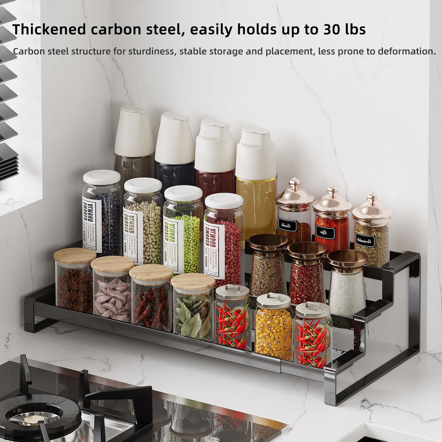 3 Tier Expandable Spice Rack Organizer, Heavy-Duty Black Metal Seasoning Organization Shelf for Cabinet, Kitchen & Pantry, Tiered Spice Shelf With Safety Lock, For Jars & Bottles, Countertop Storage