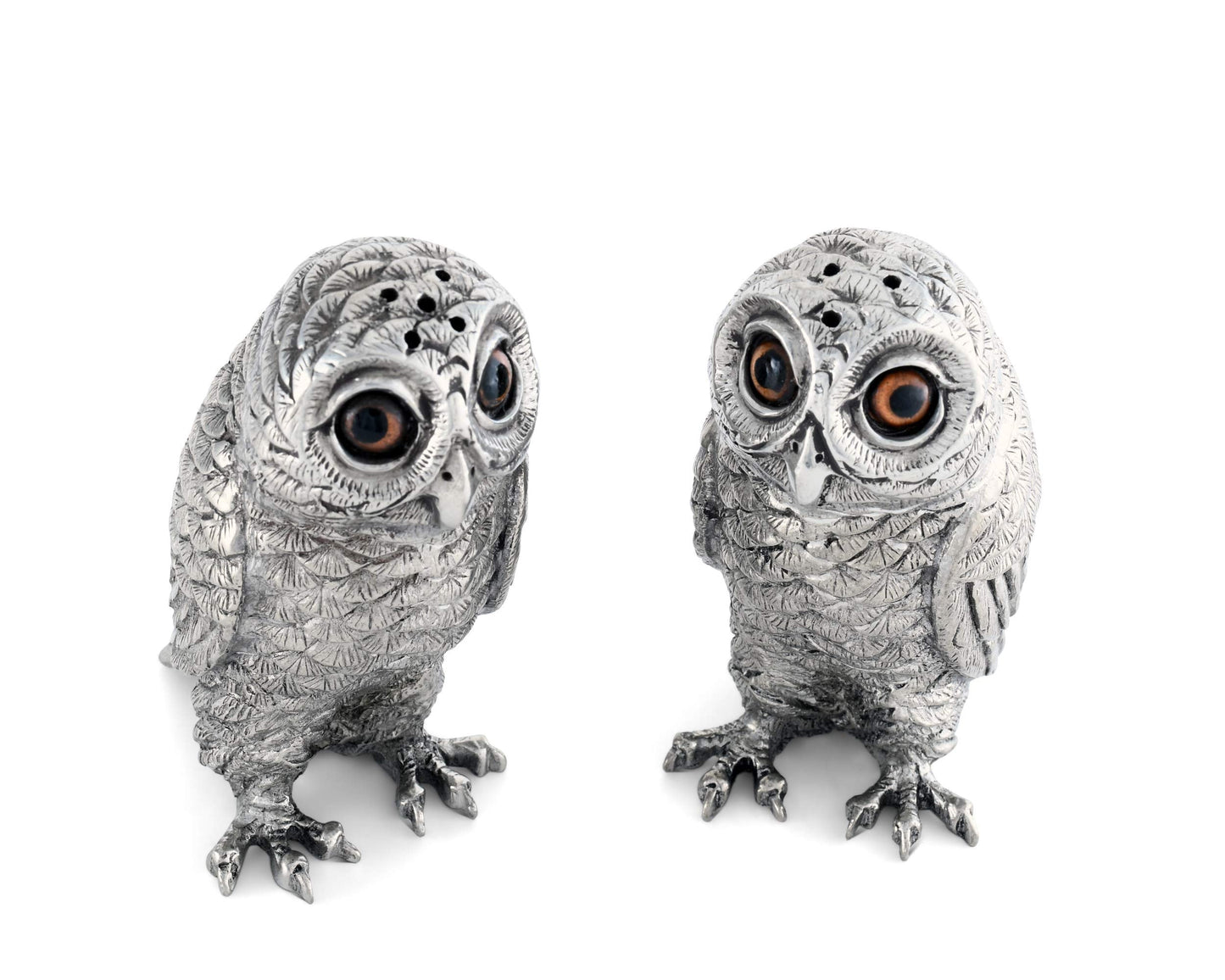 Vagabond House Pewter Metal Owl Salt and Pepper Shaker Set with Hand-Painted Eyes Thanksgiving Harvest Table 3.75 inch Tall