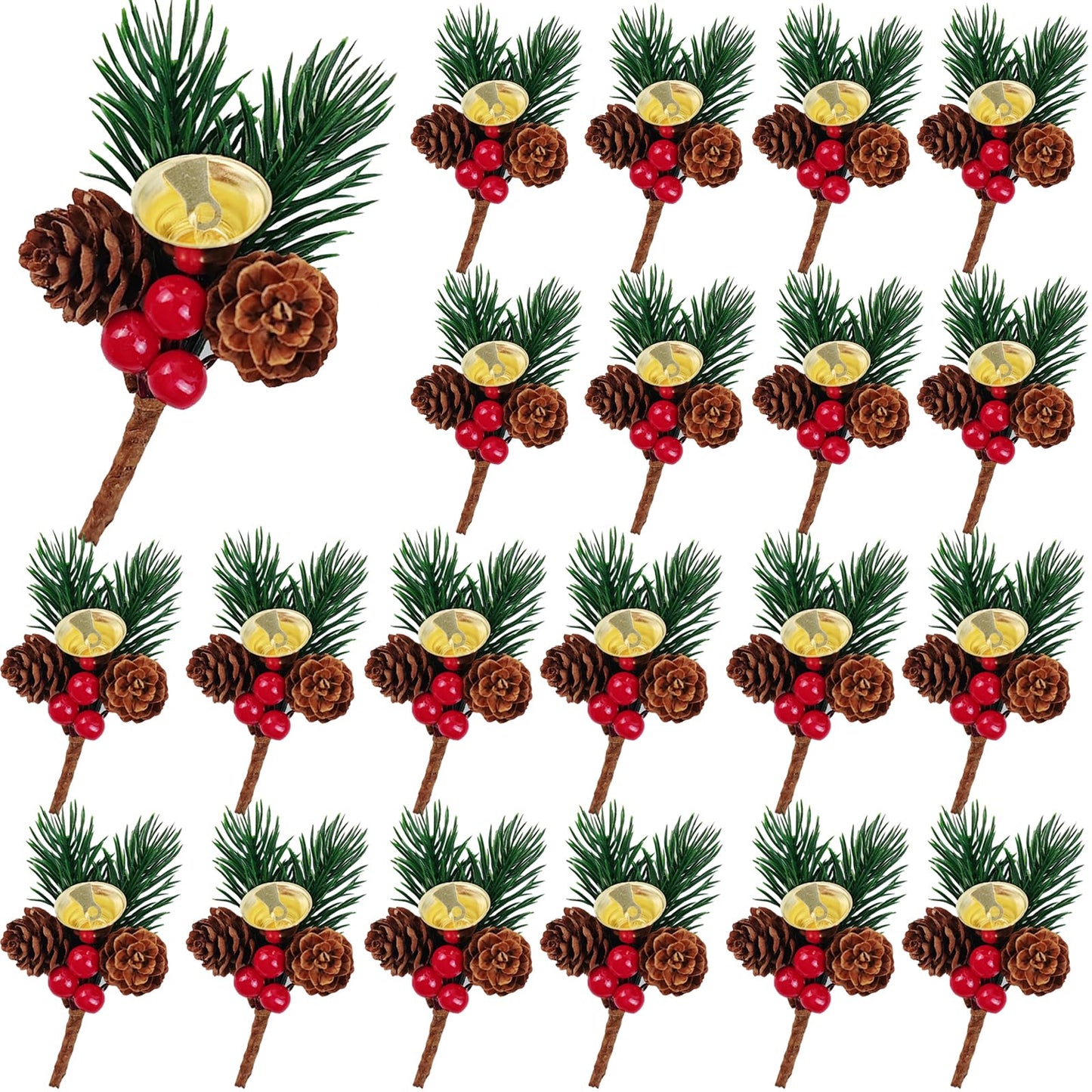 GXXMEI 25PCS Christmas Floral Pick with Jingle Bell, Pine Cone Holly Berry Stems for Crafts, Artificial Christmas Picks and Sprays for Christmas Home Decor, Garland, Wreath