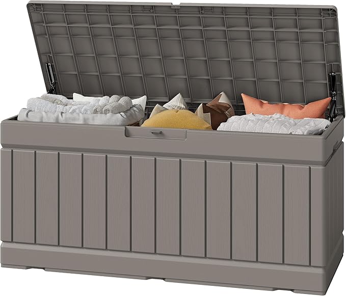 Greesum Outdoor Storage Box 82 Gallon Storage Bin with Lid for Patio Furniture, Garden Tools, Pool Supplies, Waterproof and UV Resistant, Lockable, Coffee
