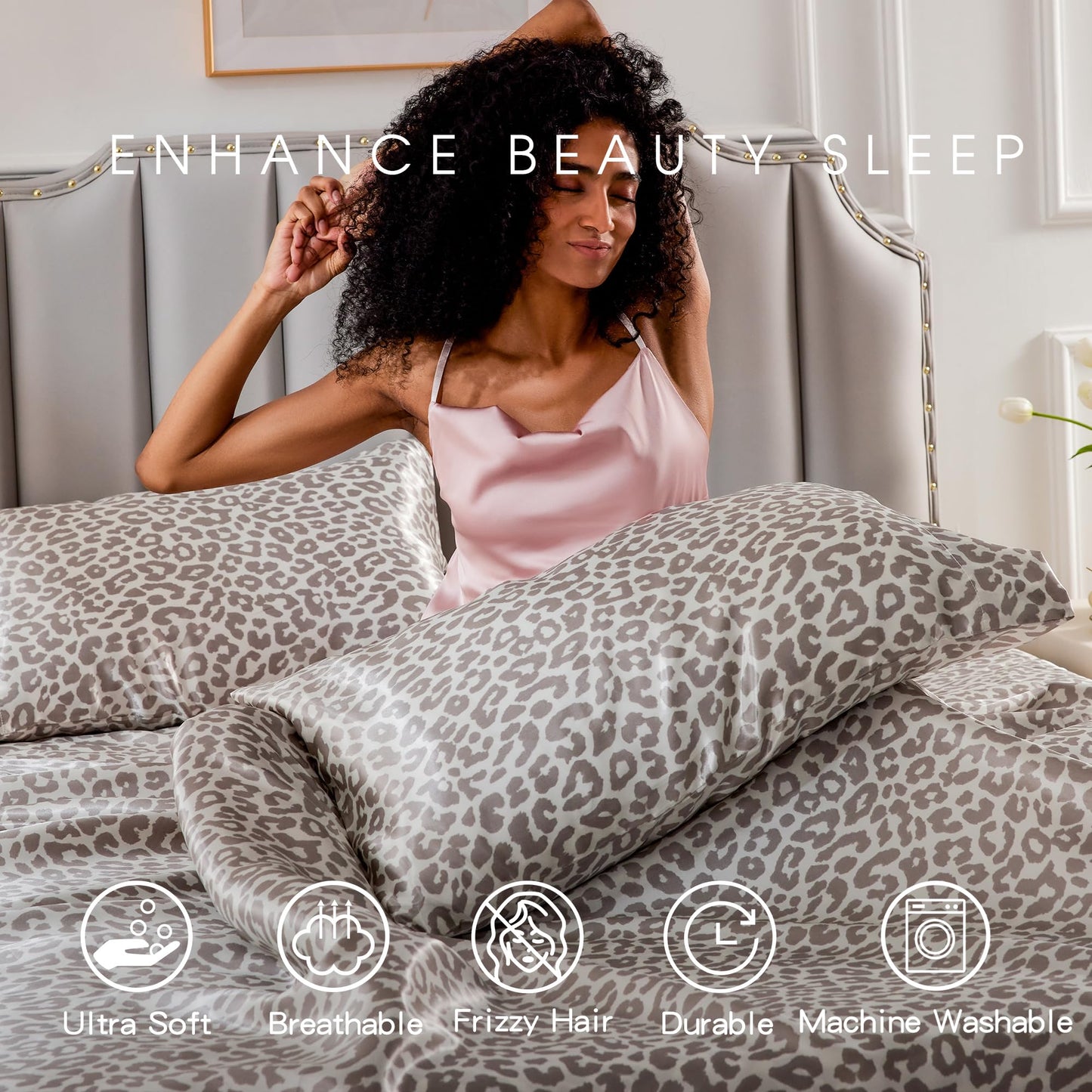 FreshCulture Satin Sheets King Size - 4 Piece Luxury Soft Silky Sheets for Hair and Skin, Similar to Silk Bed Sheet Set with 1 Deep Pocket Fitted Sheet, 1 Flat Sheet & 2 Pillowcases (Leopard)