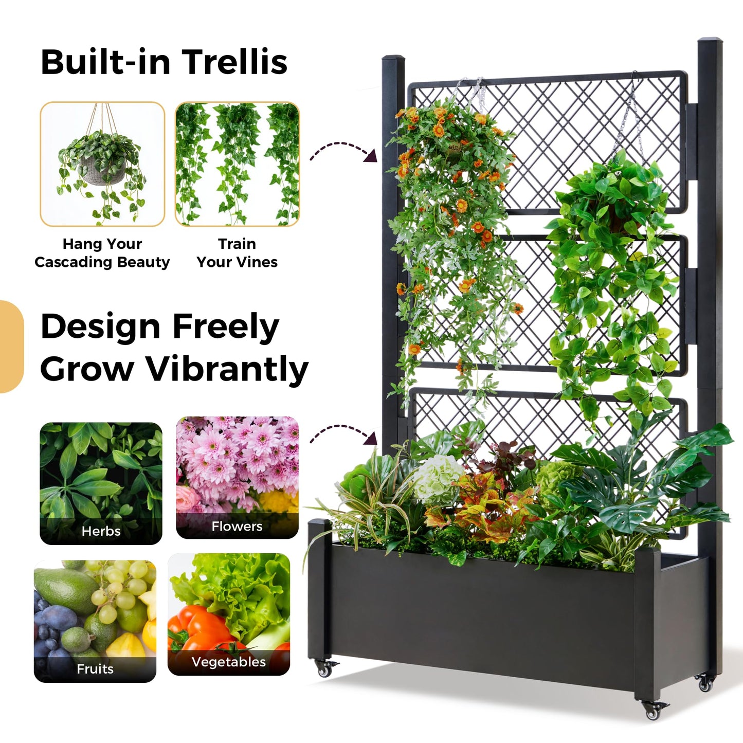 Foresland Tall Metal Planter Box with Trellis and Wheels, 72Hx46Wx16D Large Outdoor Garden Planter, 10min's Quick Setup for Climbing Plants Vines with Drainage Holes and Privacy Screen, Black
