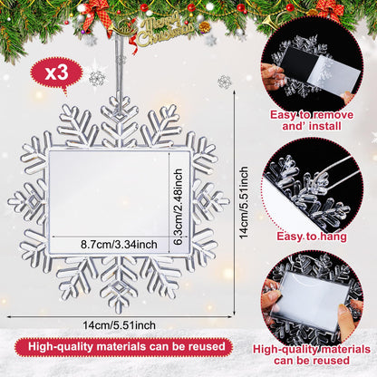 Yookeer 3 Pcs Christmas Snowflake Hanging Photo Frame Snowflake Ornaments Xmas Picture Ornaments Christmas Acrylic Photo Decorations Picture Frame for Xmas Tree (Classic)