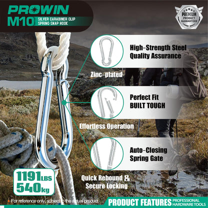 Prowin 10pcs M10 Heavy Duty Carabiner Clips, 1191 lbs Capacity Spring Snap Hook, 4 Inch Galvanized Steel Quick Link for Hiking, Camping, Hammock, Swing, Outdoor Gear