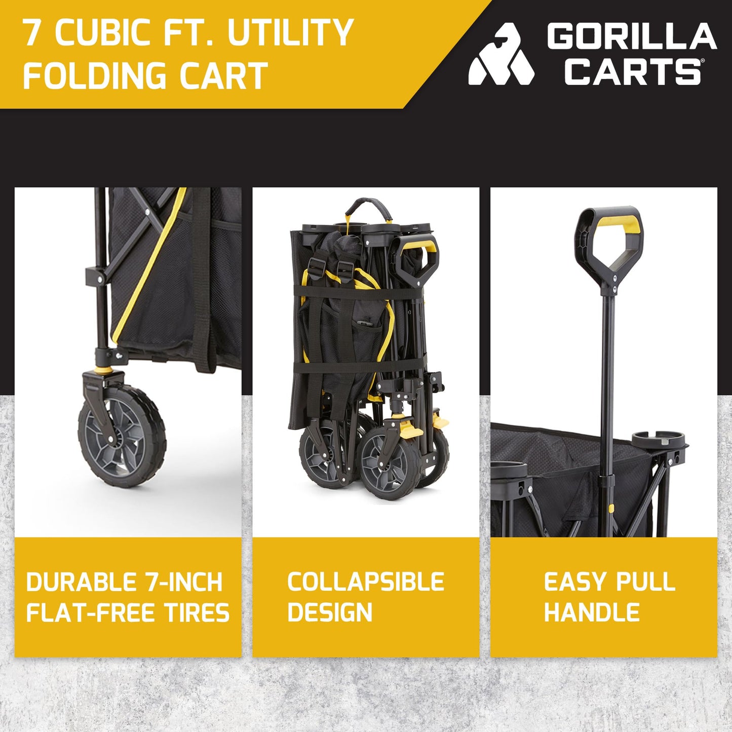 Gorilla Carts 7 cu ft 185L Capacity Foldable Festival Wagon Collapsible Durable All Terrain Utility Pull Camping Wagon with Oversized Bed and Built-in Cup Holders, Garden Trolley Black Load up to 70kg