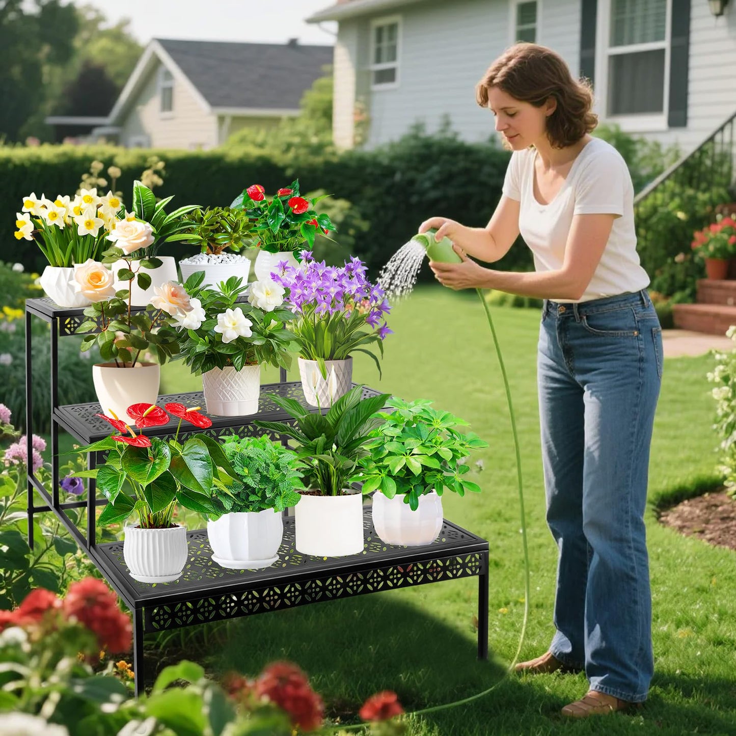 Meyoppm 3 Tier Metal Plant Stand, Ladder Flower Pot Holder Plant Stands, Tiered Plant Stand Outdoor Storage Organizer Rack for Home Garden Patio Balcony