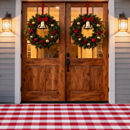 Christmas Red and White Plaid Rug 5 x 7 Ft, Hand-Woven Indoor/Outdoor Layered Cotton Blend Buffalo Plaid Rug, Washable Front Door Mat, Perfect for Porch, Living Room, Entryway