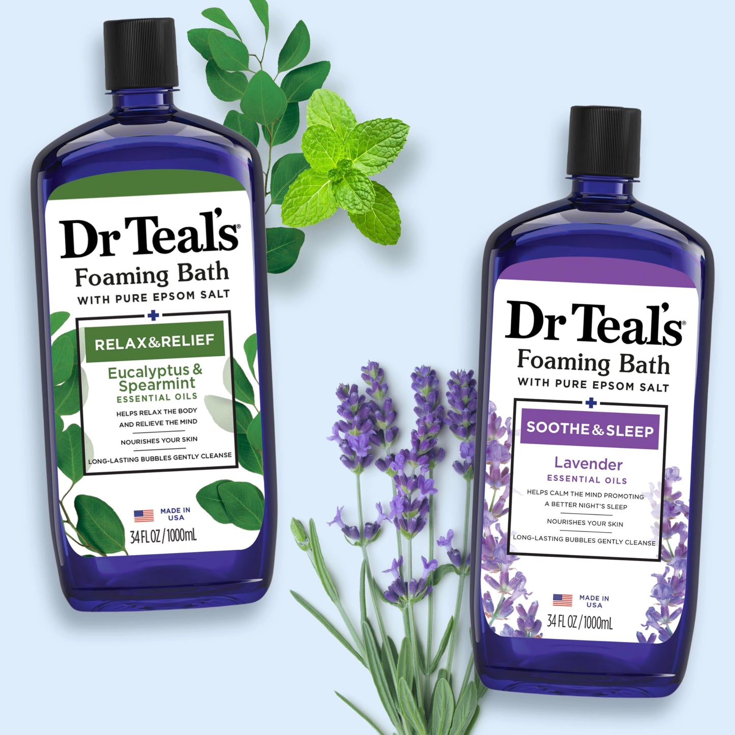 Dr Teal's Foaming Bath with Pure Epsom Salt, Relax & Relief with Eucalyptus & Spearmint, 34 fl oz (Pack of 2)