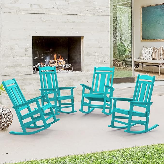 LUE BONA Outdoor Rocking Chairs Set of 4, HDPS Porch Rocker with High Back, Plastic Weather Resistant Rocking Chairs for Outdoor Indoor, Garden, Backyard, 350lb, Aruba Blue