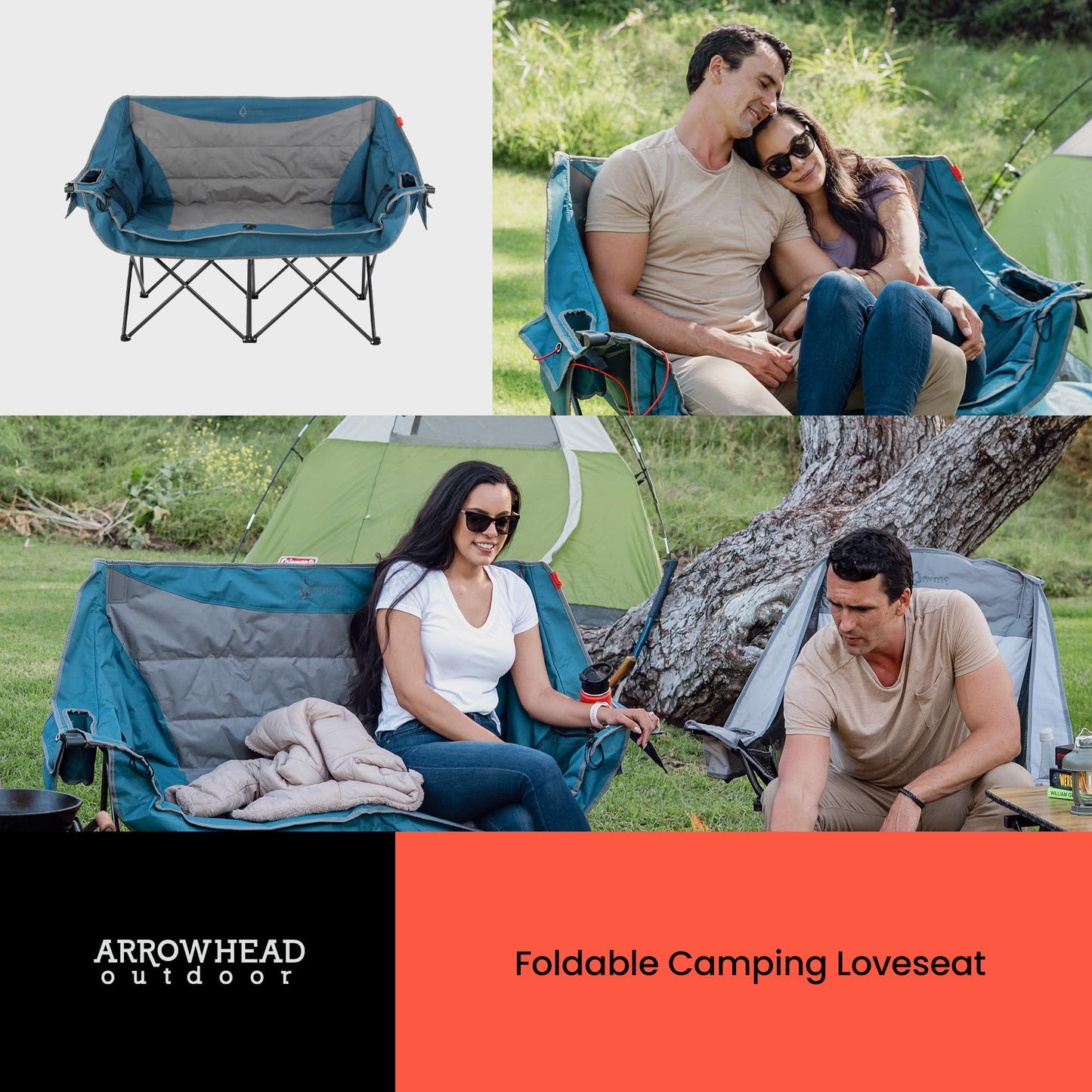 ARROWHEAD OUTDOOR 57" Wide Duo Foldable Heated Camping Loveseat Chair with 3-Stage Heating, Large Cup Holders, Glass Holders, Side Pockets, and Storage Pouches - Blue and Grey