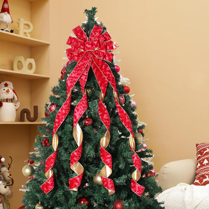 Christmas Tree Topper Christmas Wreath Bow, 52 * 13 inches Tree Toppers Bow with Grinding Ring Patterned Velvet Ribbon for Xmas Tree Christmas Rustic Farmhouse Home Holiday Party Decorations Red