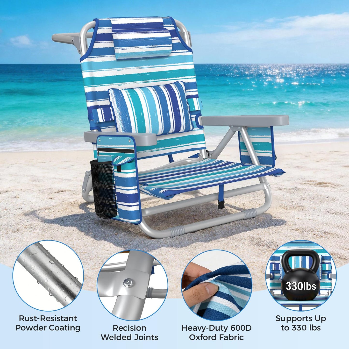 5-Position Backpack Beach Chair for Adults with Lumbar, Foldable Tall Heavy-Duty Beach Chairs with Cooler Bag,Cup Holder,Towel Rack for Beach, Camping, Outdoor (2, Blue&White)