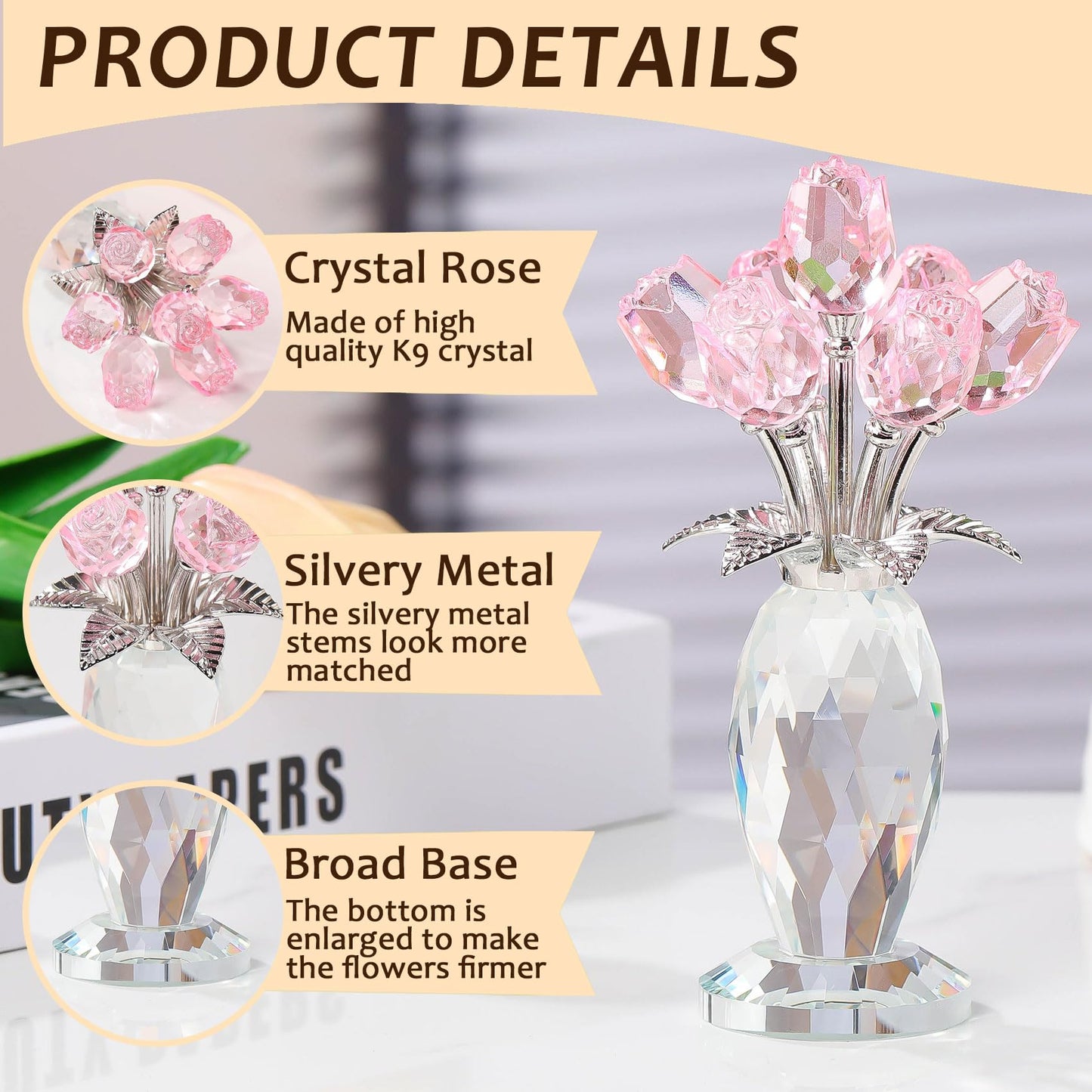 Movdyka Glass Rose Flower Pink Bouquet Crystal Figurines Home Decor