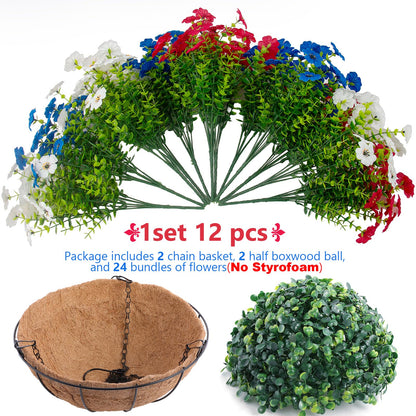 Hananona 2 Set Artificial Outdoor Flowers with Hanging Basket, 2 Hanging Planters with 24 Pcs Patriotic Flowers for Summer Front Porch Patio 4th of July Decor (Red, White, Blue)