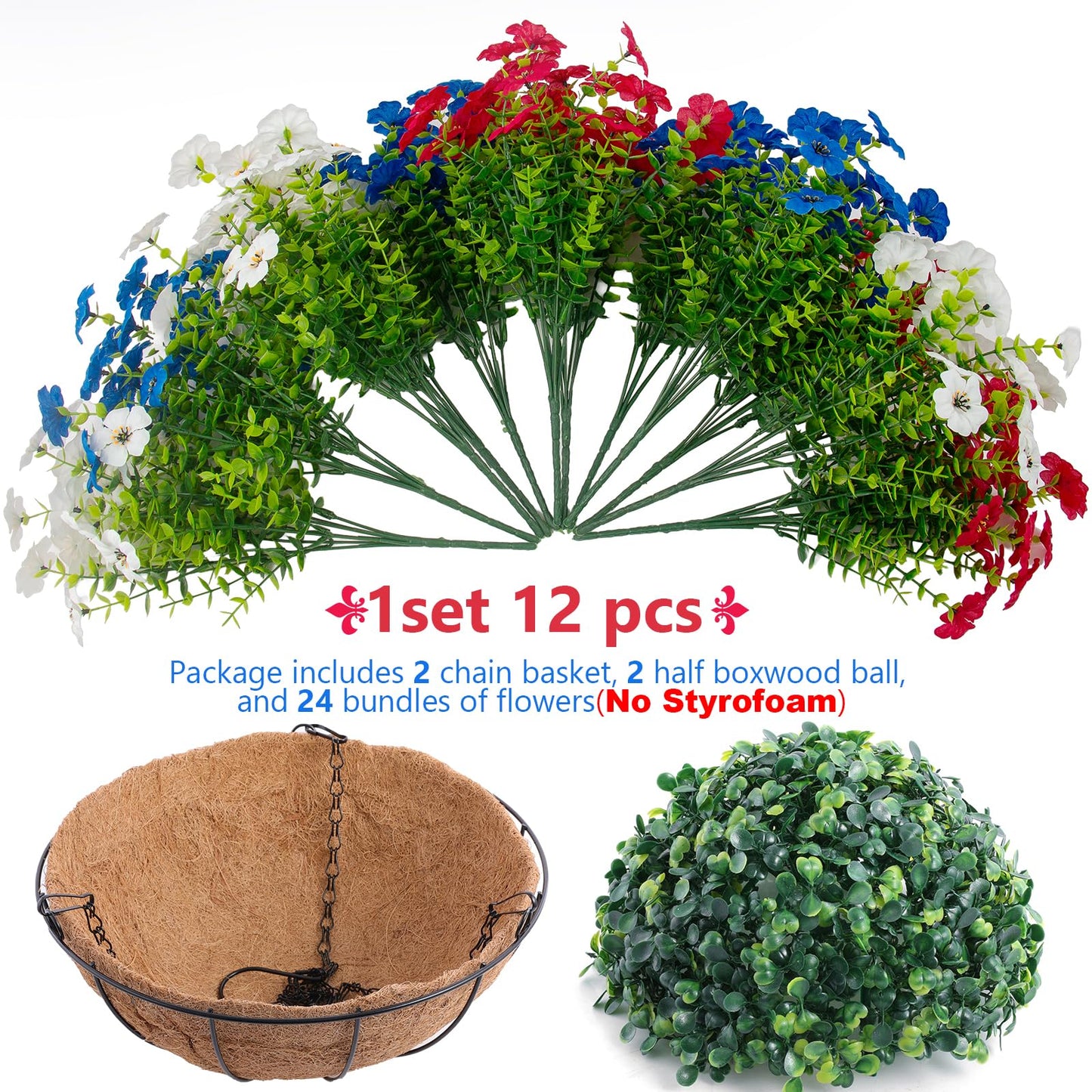 Hananona 2 Set Artificial Outdoor Flowers with Hanging Basket, 2 Hanging Planters with 24 Pcs Patriotic Flowers for Summer Front Porch Patio 4th of July Decor (Red, White, Blue)