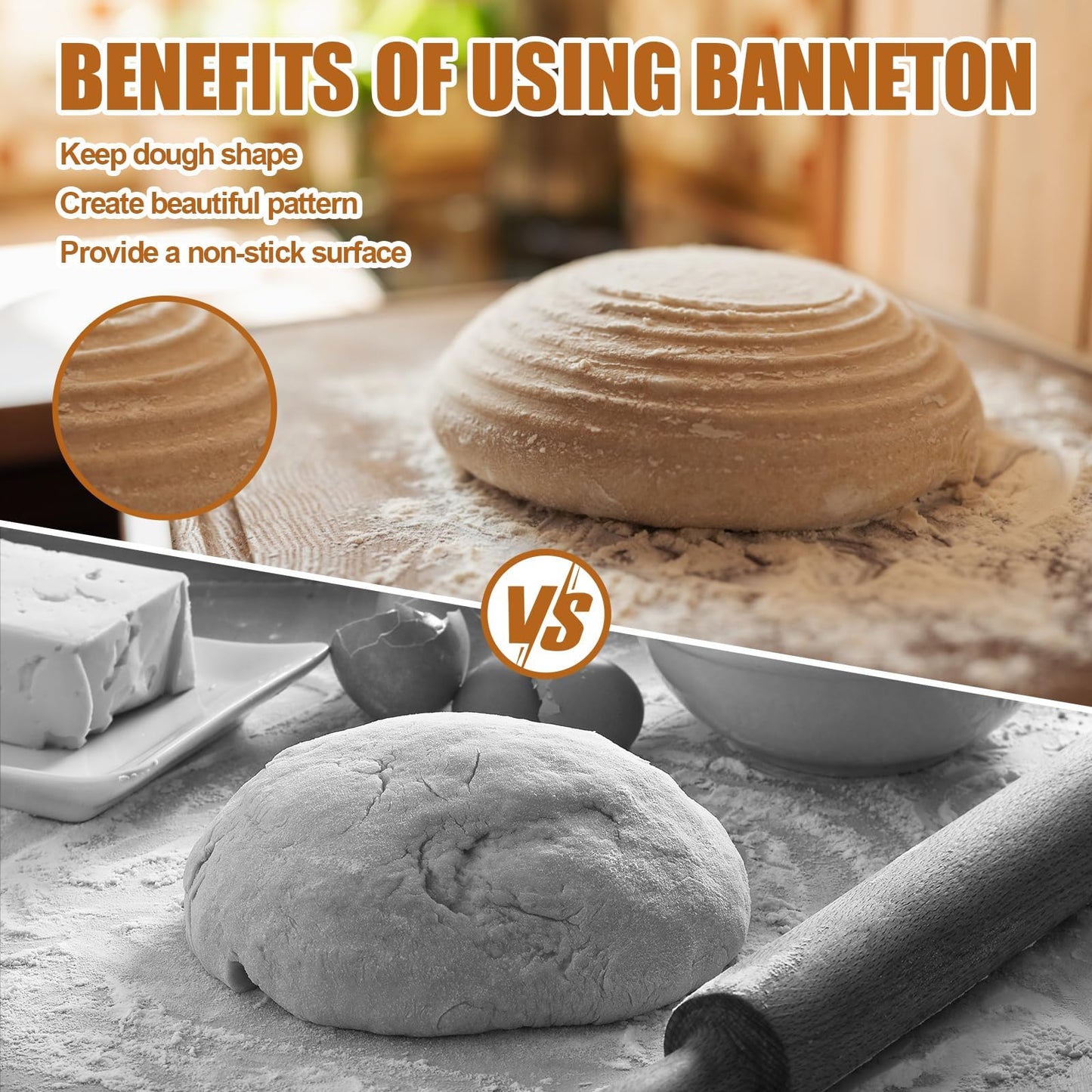 Dimpola Banneton Bread Proofing Basket - 9 inch Banneton Basket Set of 2 Sourdough Proofing Basket Round Proofing Bowls Handmade Rattan Baskets and Liners