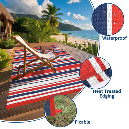 IDEALHOUSE Outdoor Rug 9x18 Ft, Waterproof Plastic Reversible Rug, Modern Camping Mat for Outdoors, RV, Patio, Backyard, Deck, Picnic, Beach, Trailer(Red & Navy & White)