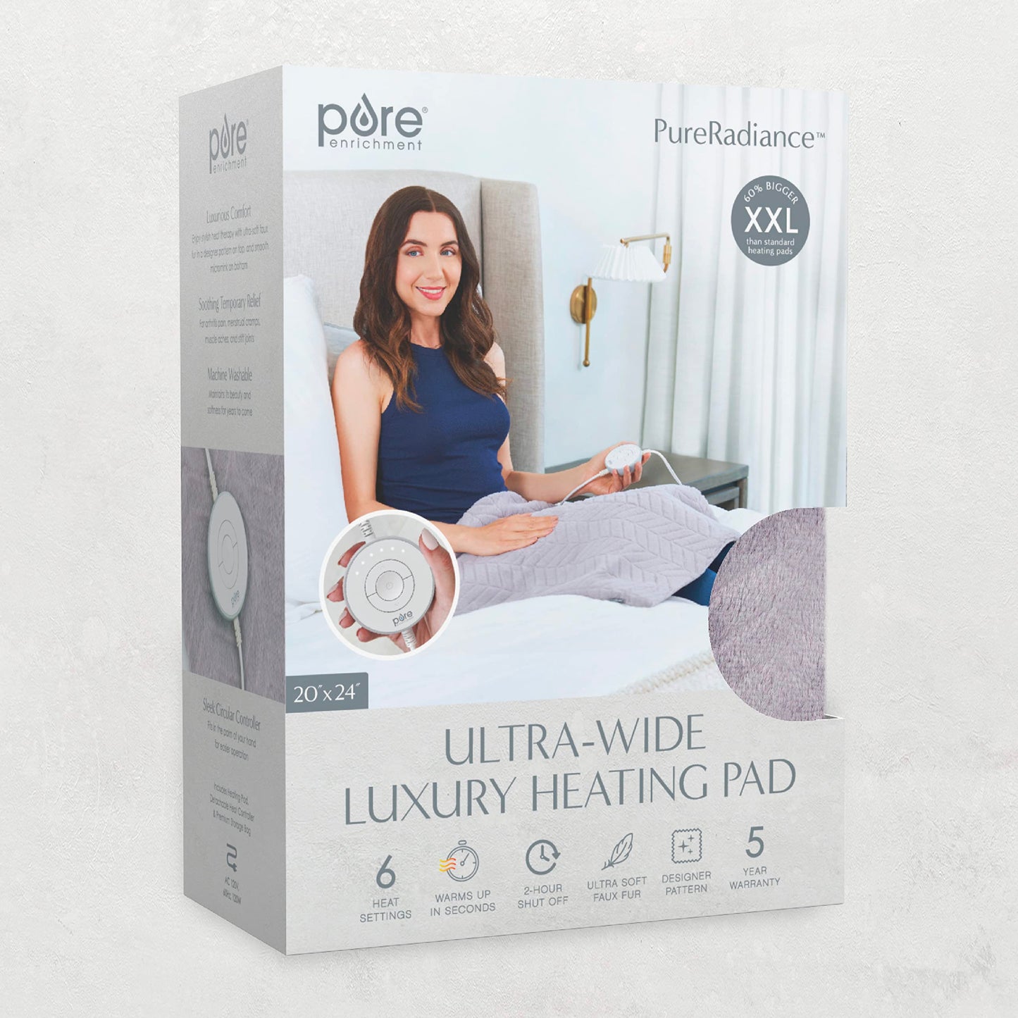 Pure Enrichment PureRadiance Luxury Heating Pad for Cramps, Back, Neck, & Shoulder Pain Relief, Patented Design, Soft Faux Fur & Micromink, 6 Heat Settings, Machine Washable, 12”x24”(Cloud)