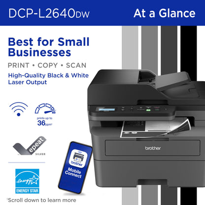 Brother DCP-L2640DW Wireless Compact Monochrome Multi-Function Laser Printer with Copy and Scan, Duplex, Mobile, Black & White | Includes Refresh Subscription Trial(1), Works with Alexa