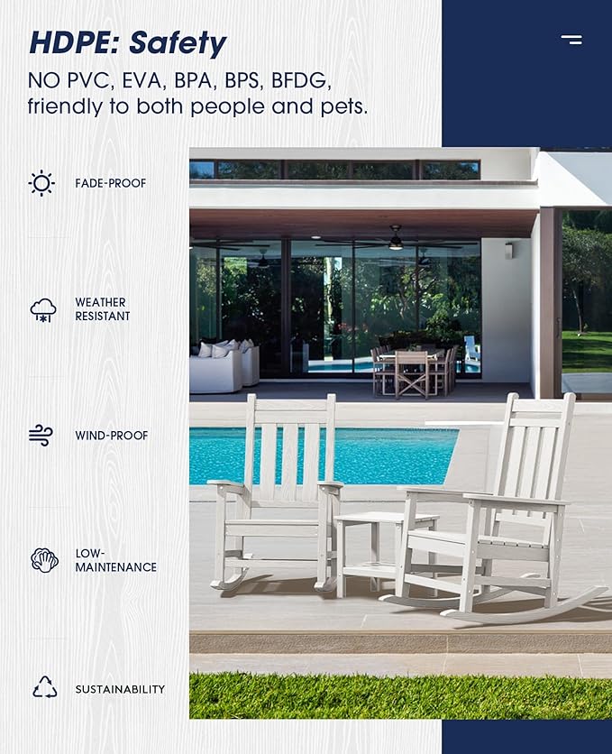 KINGYES Oversized Outdoor Rocking Chair Set of 6, All-Weather Patio Rocking Chairs for Porch, HDPE Outdoor Patio Rockers with High Back & Wide Seat for Garden, Lawn, White